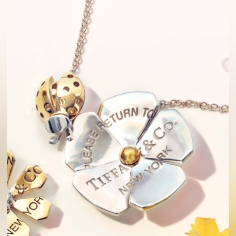 Tiffany & Co. Silver 925 & 18k Gold Love Bug Flower & Pendant Necklace 16-18” - Picture 1 of 10